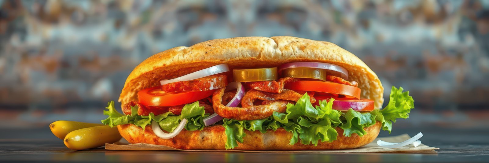 Freshly made sandwich with colorful vegetables and condiments served on a wooden table in a casual setting